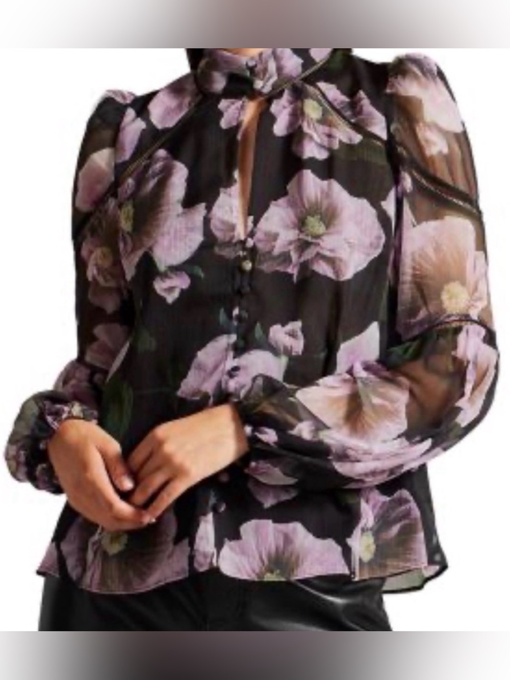 Ted Baker Black Sheer Blouse with Lavender Floral Print